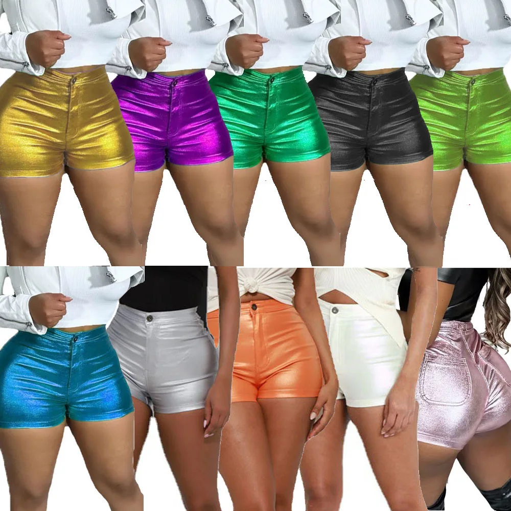Shiny Metallic PU Leather Shorts Women Summer Fashion Sexy Button Fly Slim Booty Shorts Hot Pants Y2K Night Clubwear Trousers