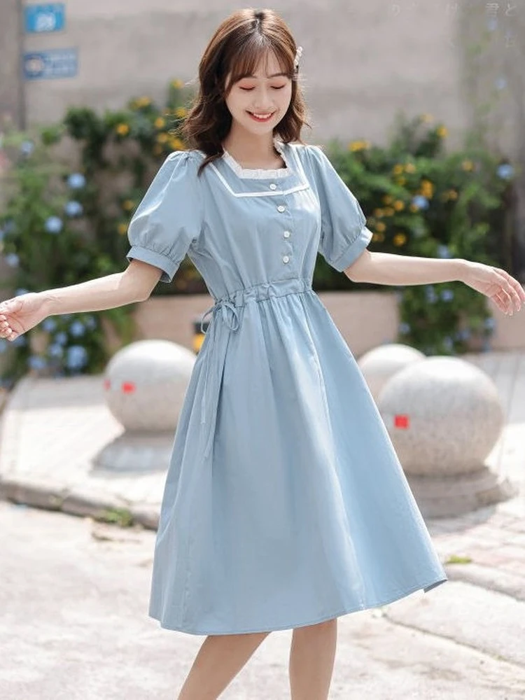 

QWEEK Preppy Style Sweet Kawaii Dress Women Korean School Puff Sleeve Wrap Dresses Square Collar Kpop Cute Clothes 2022 Summer