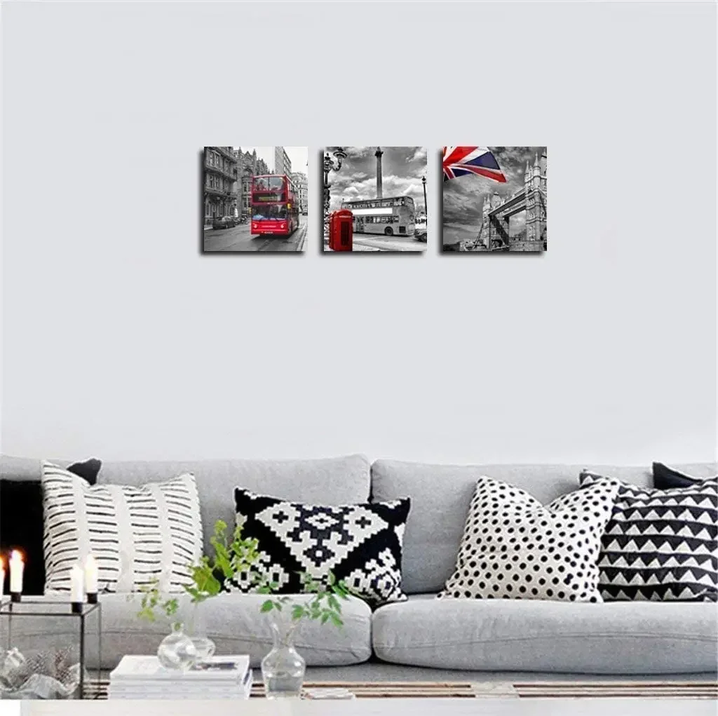 Modern Prints Red Bus On London Street Black And White Wall Art Union Jack Decor Paintings Canvas For Home Décor