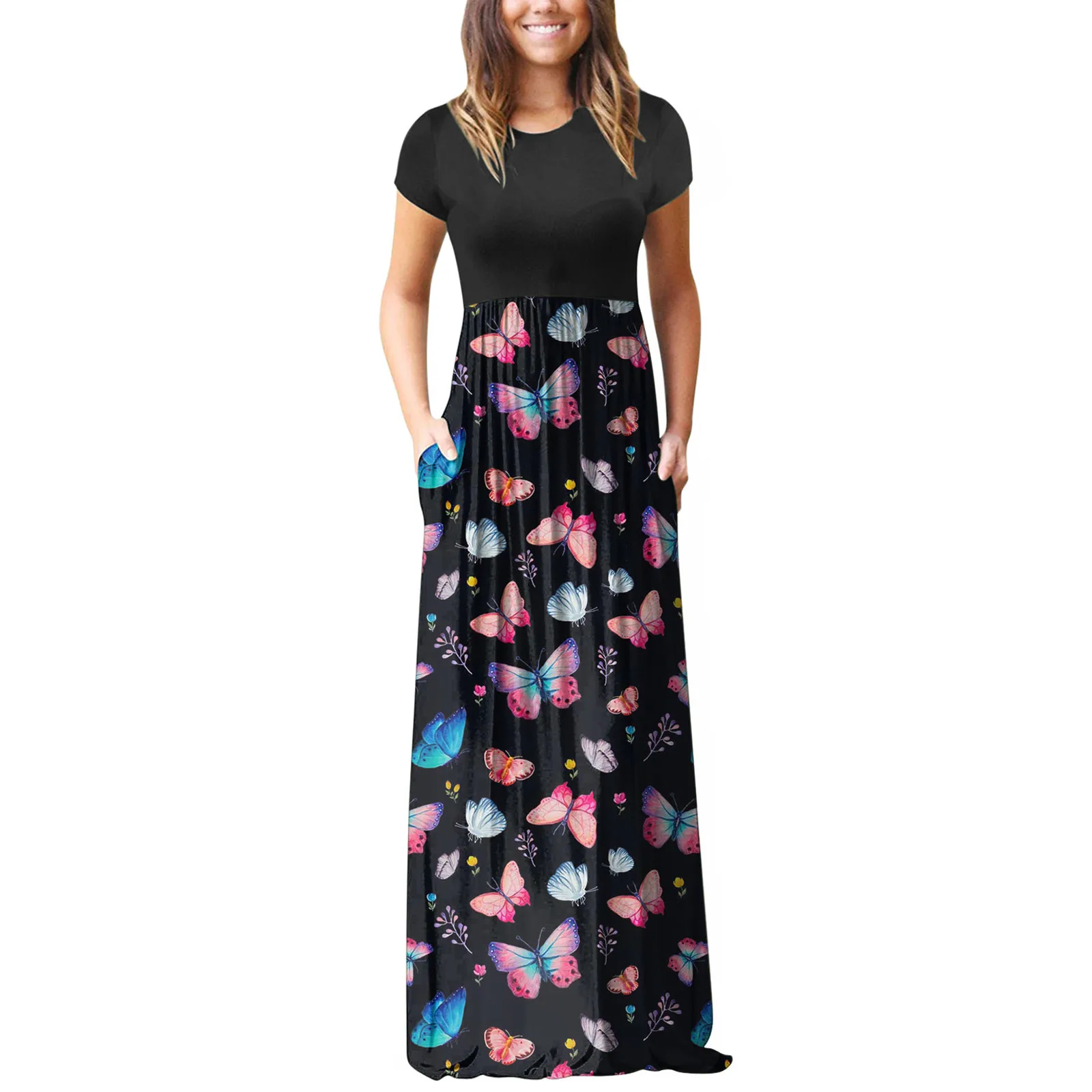 

Women's Short Sleeve Pocket Casual Floral Printing Beach Long Maxi Loose Dress Womens Midi Casual Dresses