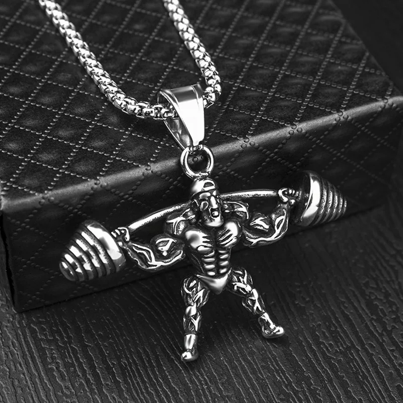 

Strong Man Dumbbell Fitness Pendant Necklace Men Jewelry Between Best Friend Fashion Necklace Men Gift Hip Hop Jewelry Gym Gifts