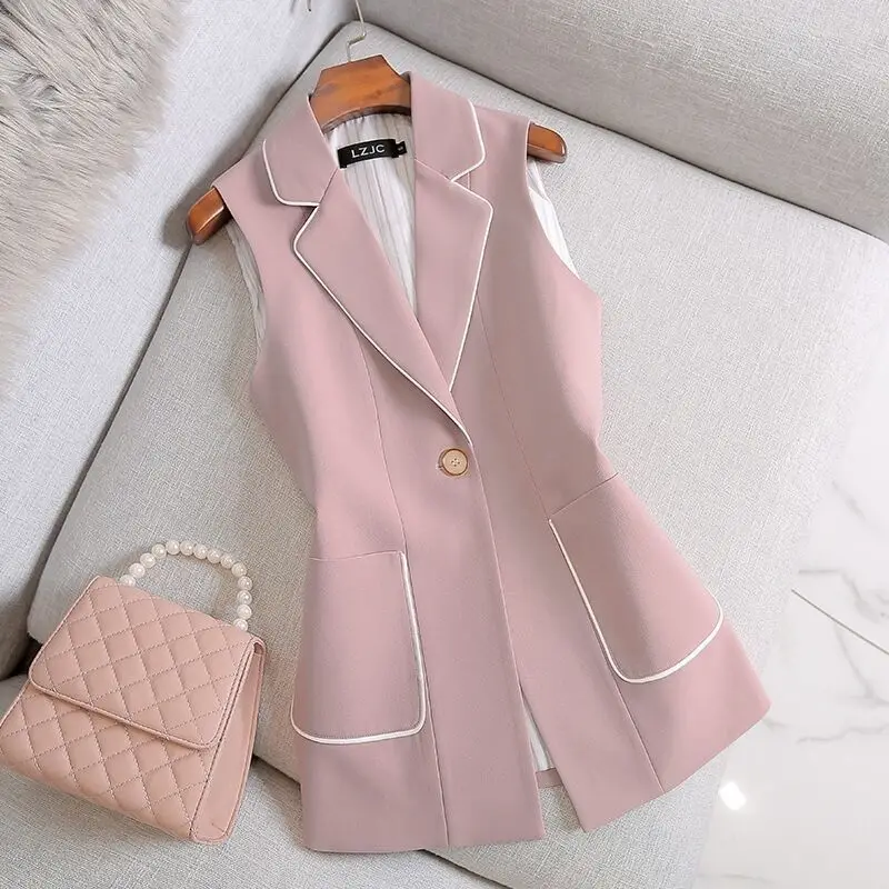 Jacket Vest Autumn Elegant Pink Suit Vests Jacket Women's Black White Stripe Coat Professional Suit Office Ladies Chaleco Mujer