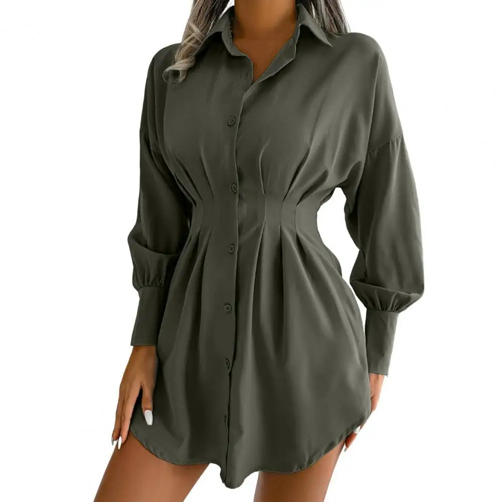 

Turn-Down Collar Single Breasted Women Shirt Lantern Long Sleeve Pleated Waist Tight Asymmetric Dress Shirt Ladies Clothing