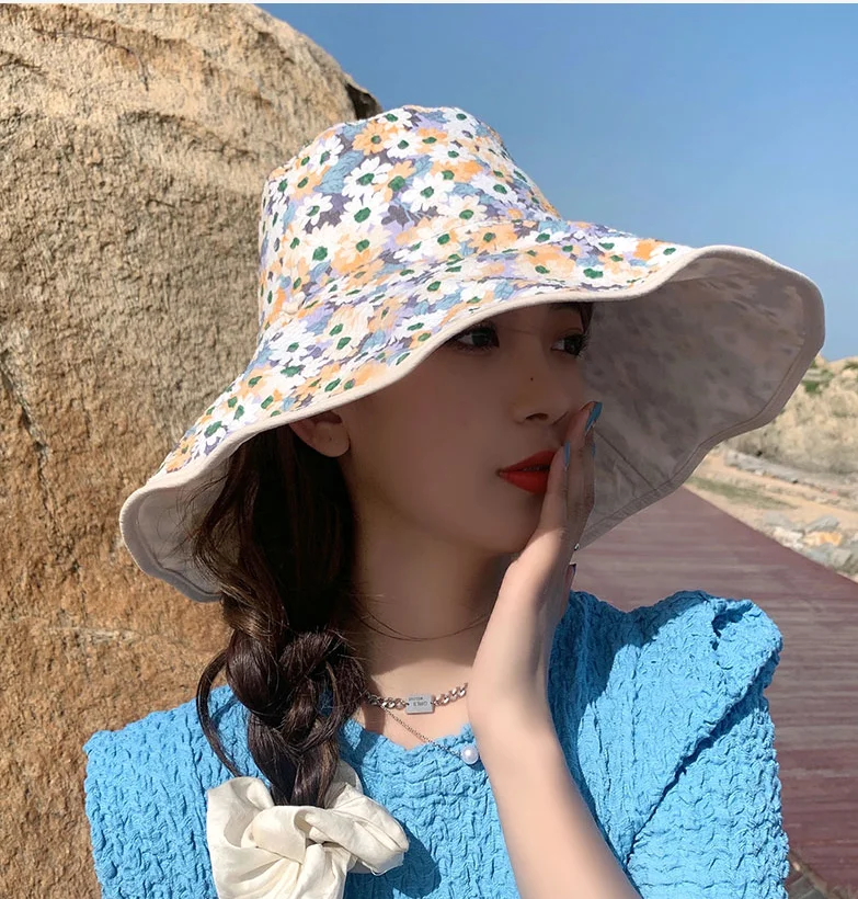 

Шляпа рыбака женская летняя дышащая шляпа от солнца с большим покрытием маленькие свежие цветы Двусторонняя Корейская Панама