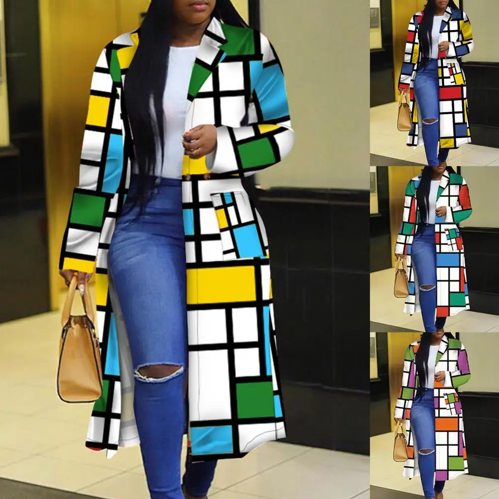 

African Coat Lapel Lapel Pockets Buttons Jacket Women Coat Jacket Color Block Plaid Pockets Coat for Daily Wear