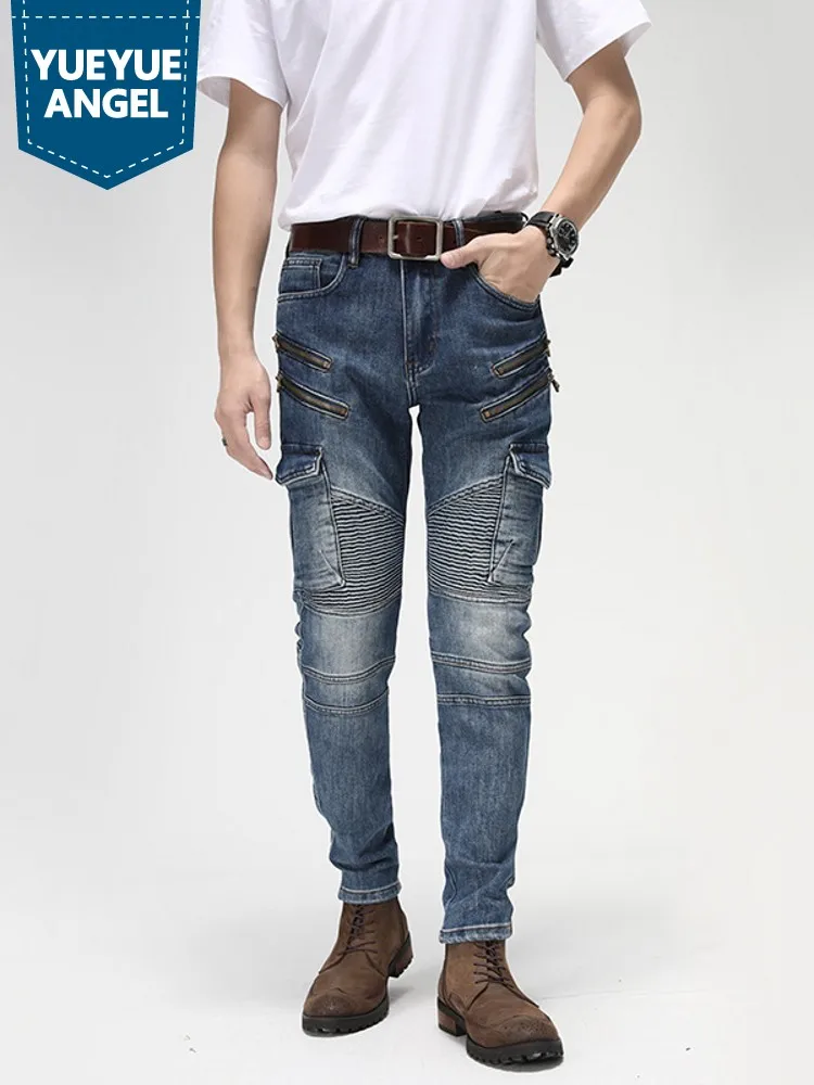 Casual Hole Ripped Denim Trousers Men Vintage Skinny Biker Pants Multi-Pockets Folds Slim Fit Leisure Jeans Male Oversize 28-38