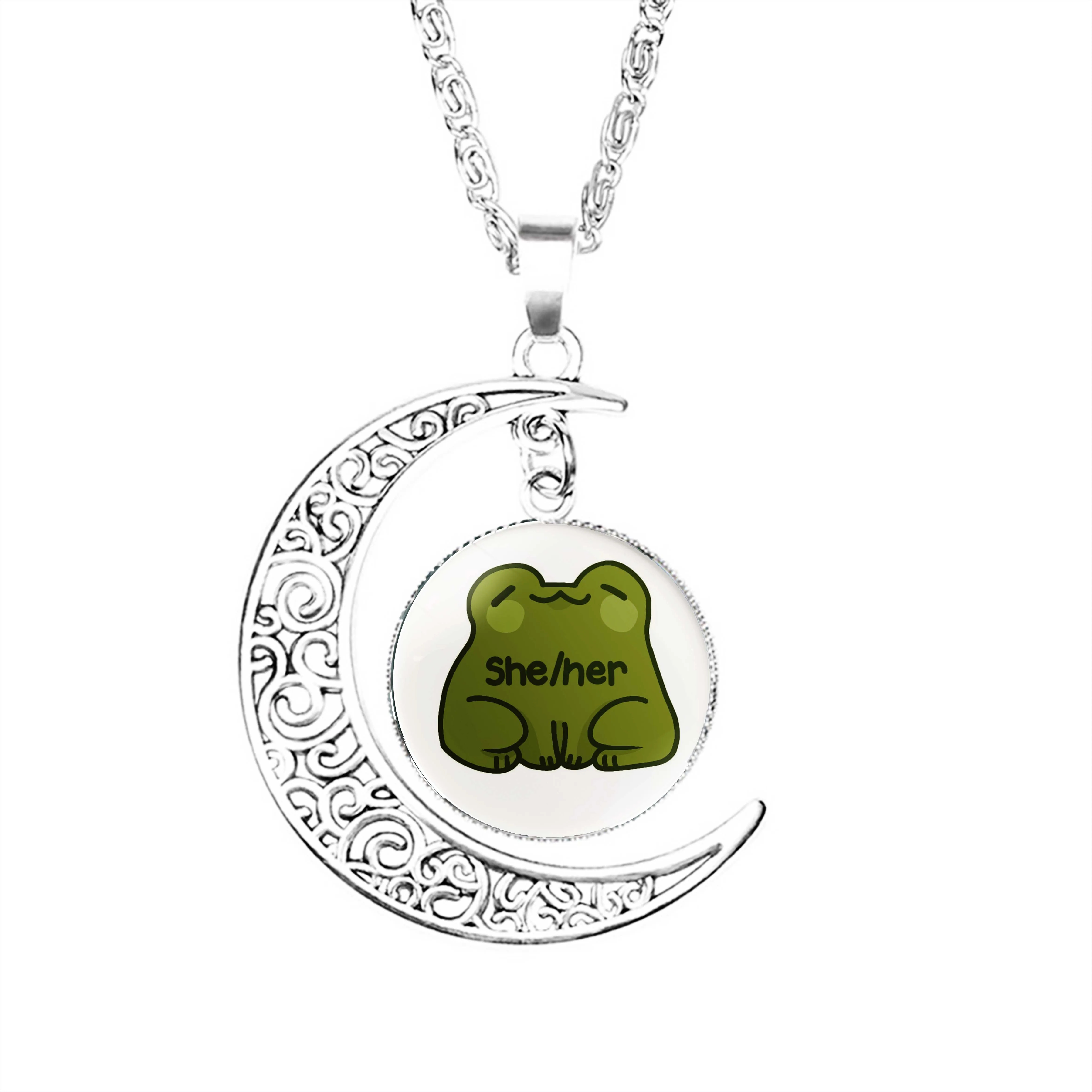 

She Her Frog Pronouns Moon Necklace Glass Pendant Stainless Steel Girls Jewelry Women Boy Jewelry Charm Accessories Party Dome