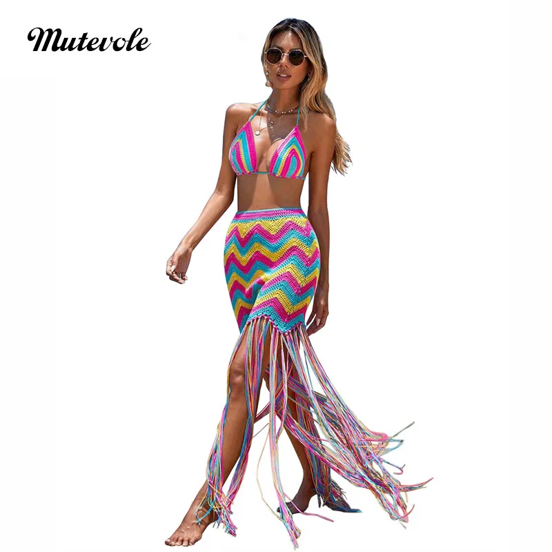 Комплект из юбки и бюстгальтера с бахромой в полоску