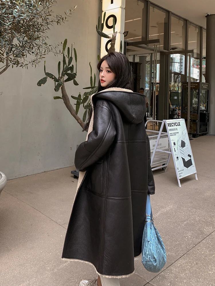 Genuine Leather Hooded Mid-Length Fur Coat Women's New Coat Motorcycle Clothing Women's Autumn and Winter