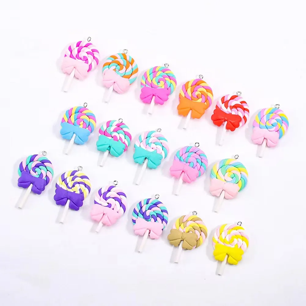 

10Pc 28*50mm Cute Gradient Bow Lollipop Miniature Figurine Resin Craft Pendant For Earrings Jewelry Making Diy Accessories