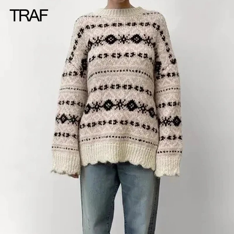 

Женский жаккардовый вязаный свитер TRAF, Длинный Свитер оверсайз в рубчик с длинным рукавом, пуловер, осень 2022
