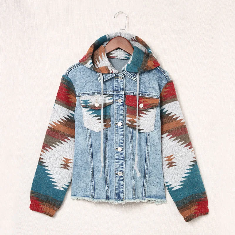 

Autumn Winter New Vintage Jacket Hooded Pocket Cowboy Mosaic Color Cowboy Wind Coat Women