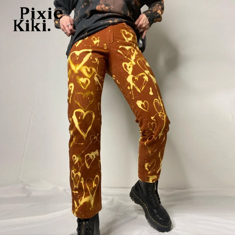 

PixieKiki Graffiti Love Printed Brown Jeans Streetwear Women High Waist Denim Trousers 80s Clothes Vintage Bottoms Y2k P67-EZ50