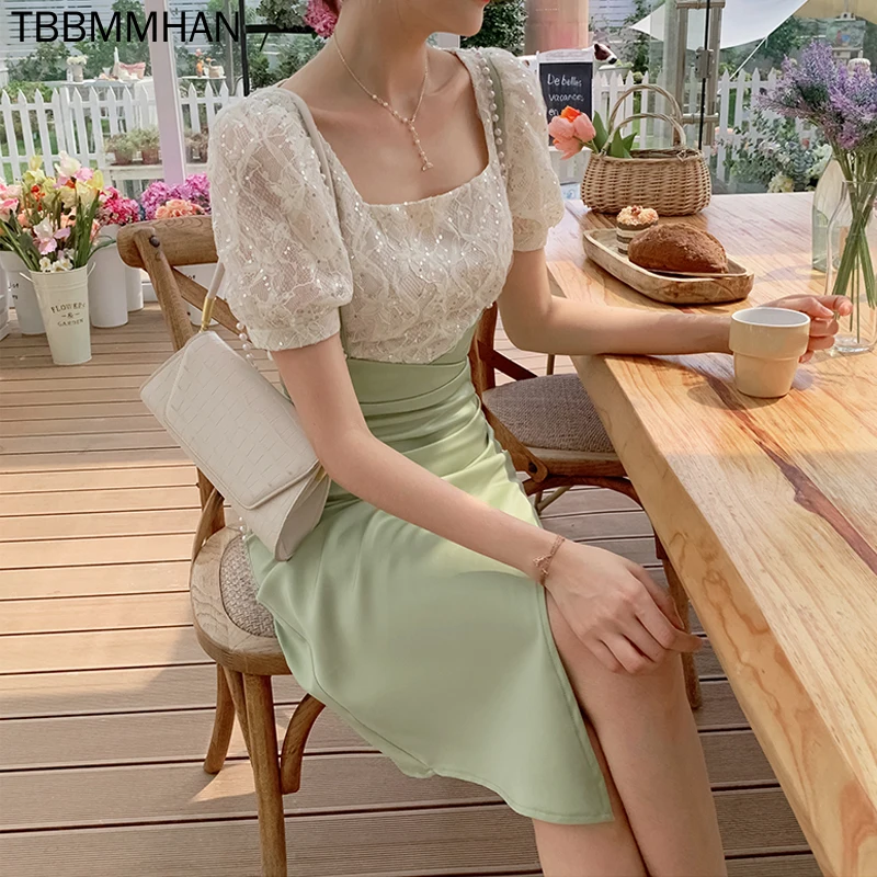 

Женское винтажное кружевное платье, элегантный комплект из 2 предметов, платье миди с квадратным вырезом и коротким рукавом, дизайнерское п...