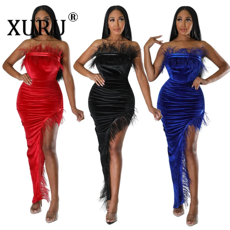 

XURU Europe and The United States Hot New Women's Dress, Sexy Wipe Chest Hair Pleated Dress, Split Buttock Black, Red Blue Dress
