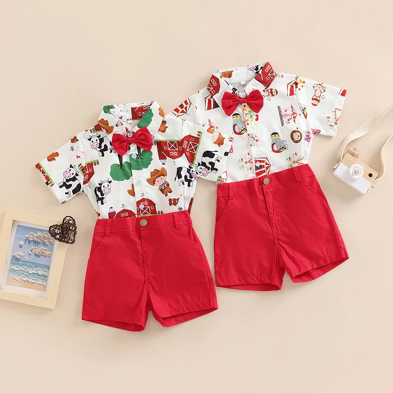 

Christmas Toddler Kids Boys 2 Pieces Outfits Farm/Circus Cartoon Animal Print Short Sleeve Shirts + Solid Color Shorts Set