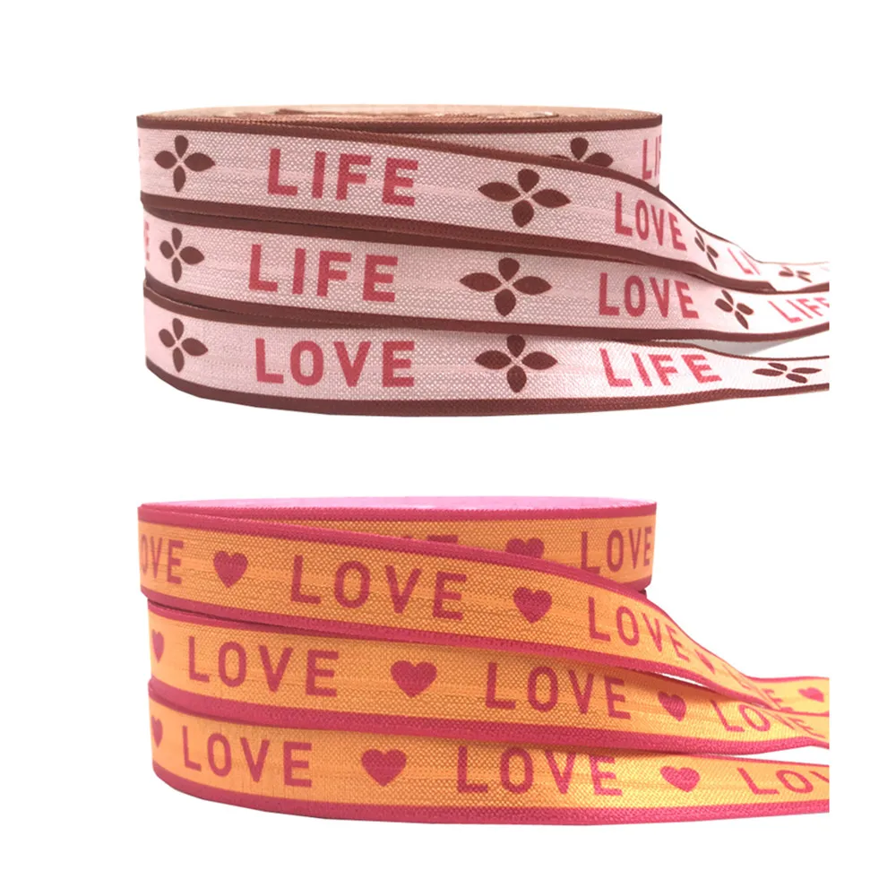 

10Yard LIFE LOVE Print Letters Fold Over Elastic 15MM FOE Ribbon For DIY Headwear Gift Webbing Accessories