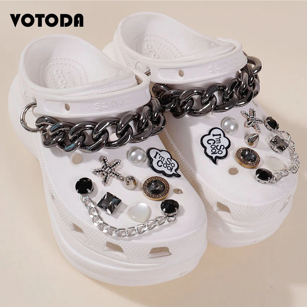 New Brand Shoes Charms Designer Croc Charms Set Metal Black Chain Starfish Rhinestone Girl Gift Glow Clog Decaration Accessories