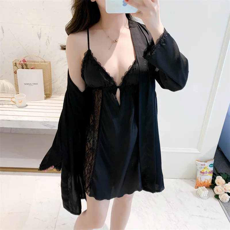 

Summer Sexy Lace Patchwork Robe Nightdress 2PCS Sleepwear Bride Birdesmaid Homewear Kimono Bathrobe Nightgown