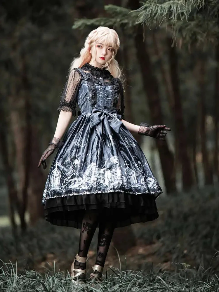 RORORIRI Saint Gravestone Lolita JSK женское декор на пуговицах с бантом пышное мини-платье