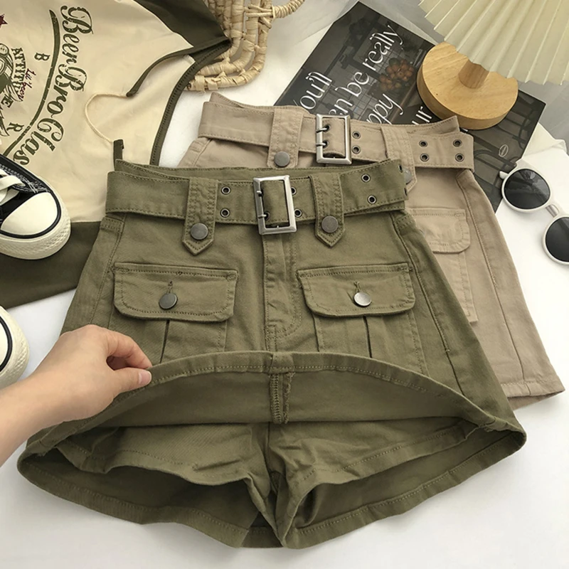 

Korean Style High Waist Mini Skirt Women Fashion Short Culotte Skirts With Belt Y2K Streetwear Big Pocket Cargo Skirts Shorts