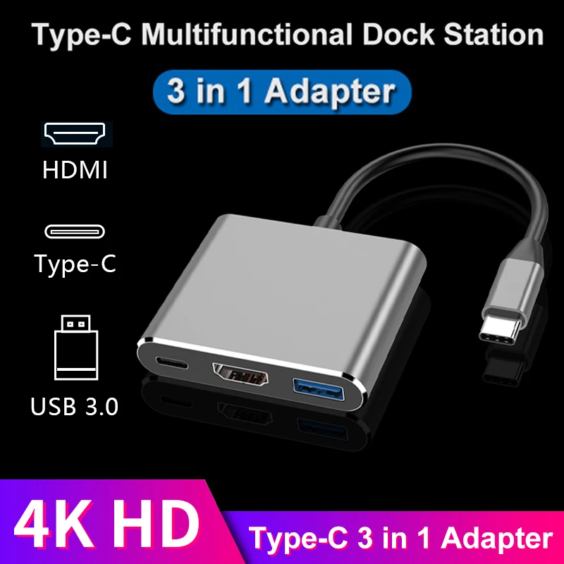 

USB-концентратор 3 в 1, 4K, Type C на HDMI, совместимый с USB 3,0