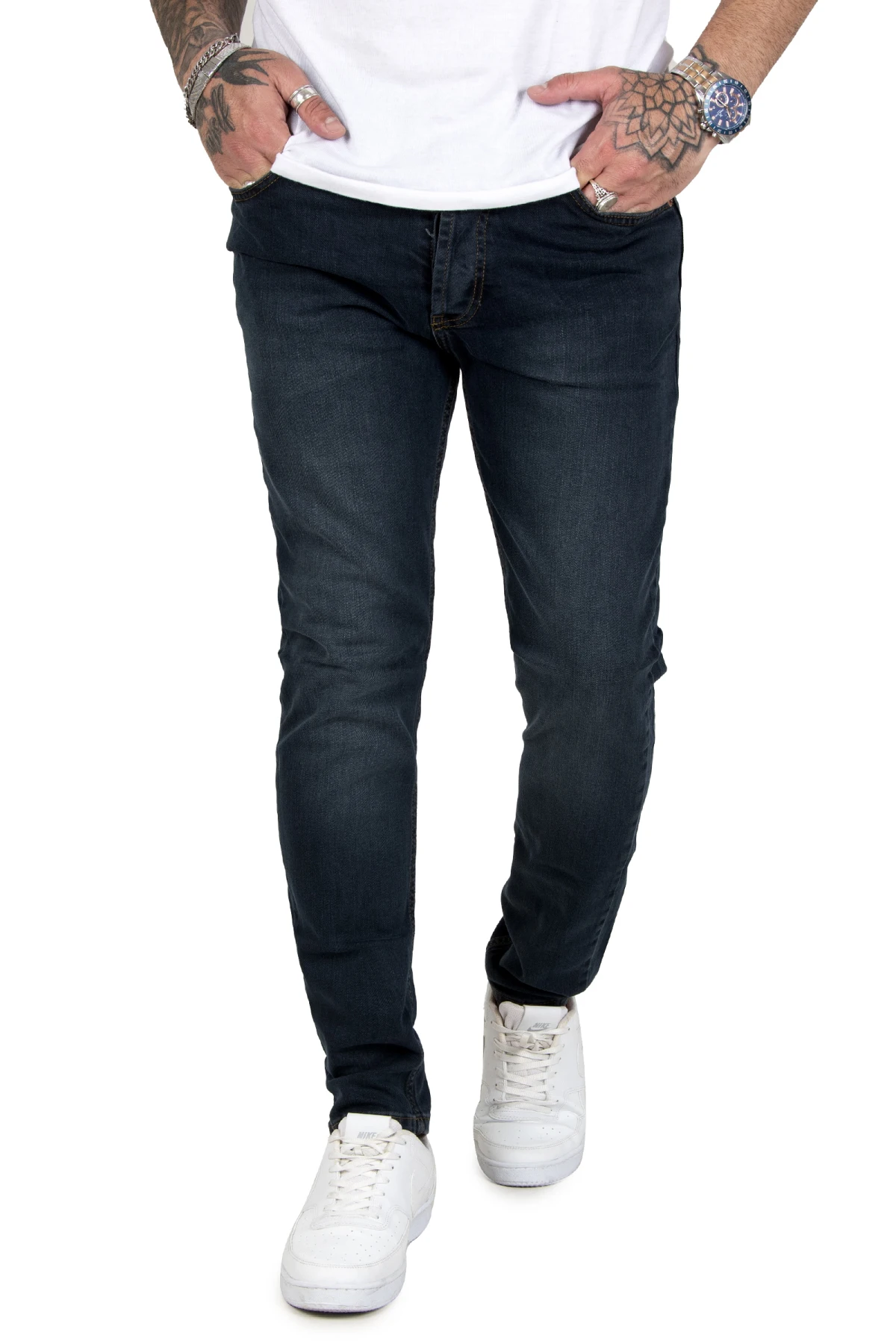 DeepSEA rear pocket stitched lycra narrow cut buttoned jeans 2002109