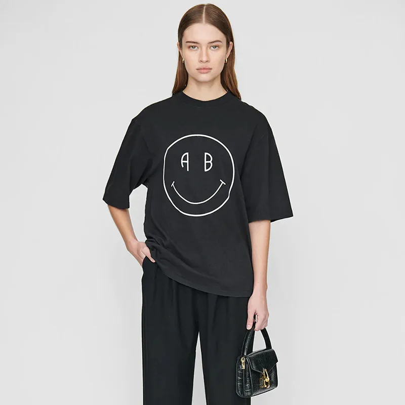 

Summer Ab Tops Youthful Woman Clothes Big Smiley Printed Cotton Loose Round Neck Black Women's Short-sleeved T-shirt