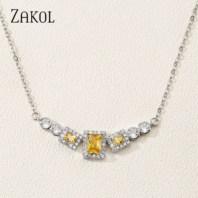 

ZAKOL Luxury Yellow AAA Cubic Zirconia Geometric Square Pendant Necklaces for Elegant women Statement Wedding Jewelry NP2288