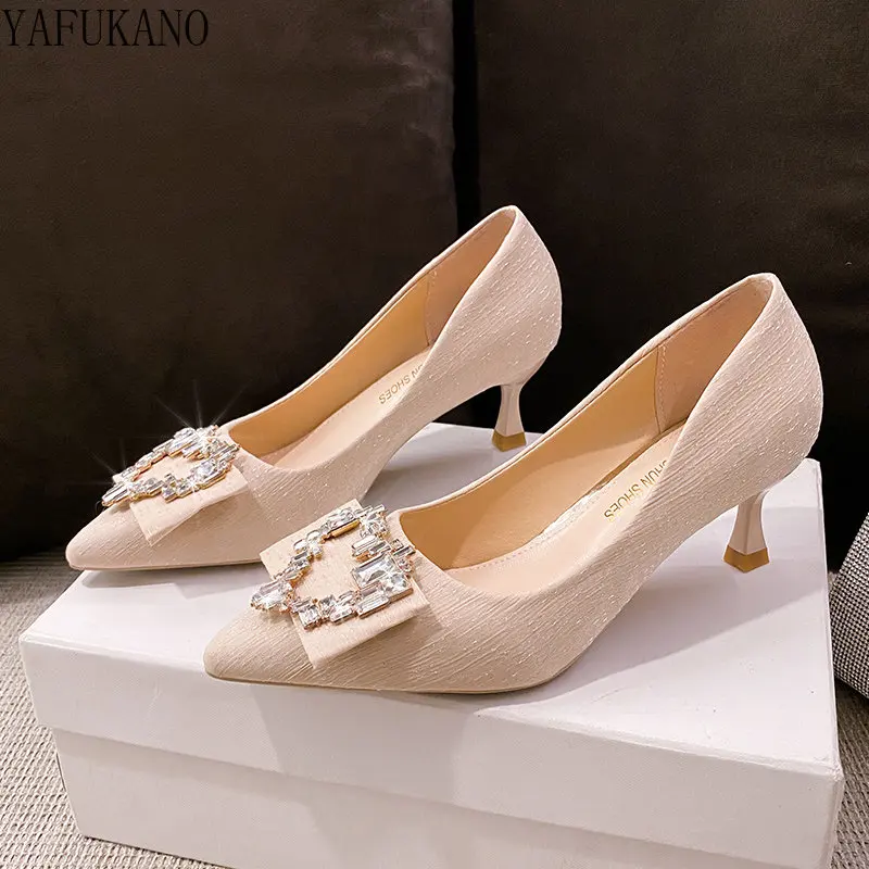 

Korean Fashion Pointed Toe Single Shoes Autumn New Thin Heels Women's Shoes High Heels Rhinestone Buckle Decor Prom Dress Shoes