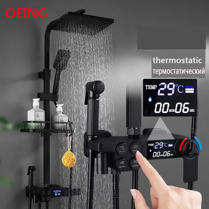 

Black Display Thermostatic Shower Faucet Set Rainfall Bathtub Tap With Bathroom Shelf Water Flow Produces Electricity