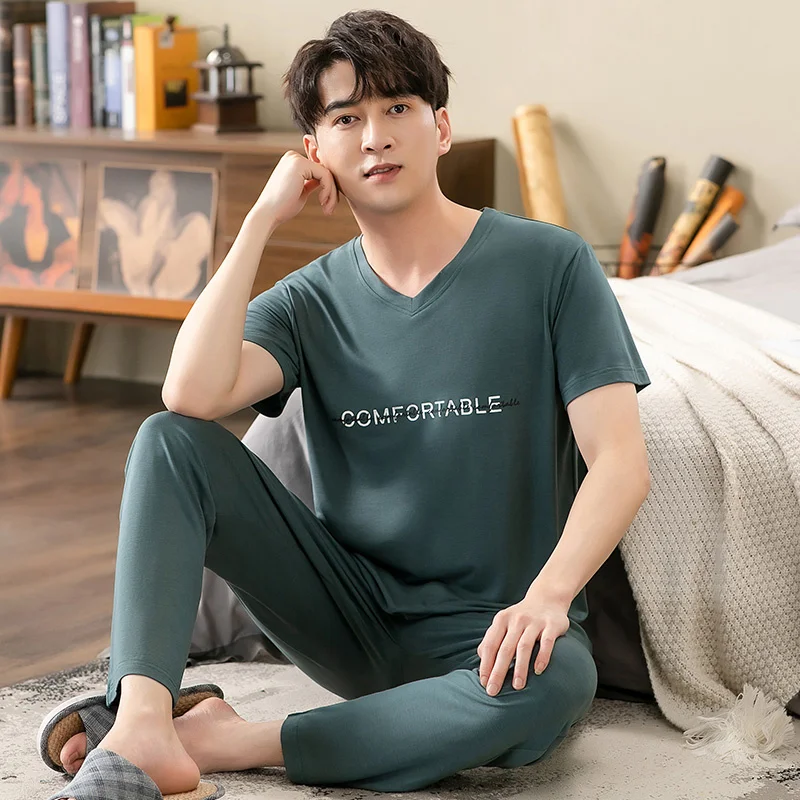 

Men's Modal Cotton Pajamas Set Summer Sort-Sleeve Tops + Lon Pants Nitwear ome Wear Suits Simple Fasion Sleepwear for Men