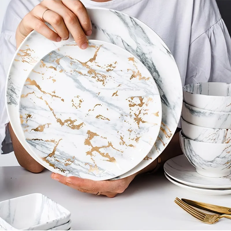 Ceramic Tableware Nordic Creative Bronzing White Gray Marble Pattern Home Kitchen Supplies Bone China Plate Dishes Dinnerware