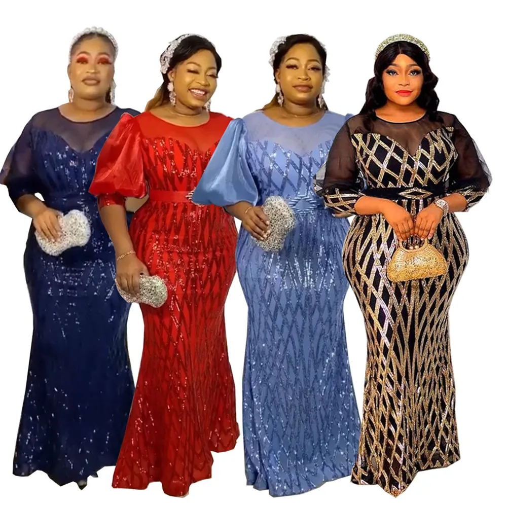 Plus Size Stretch Bright Red Sequin Evening Dress Long Sleeve Mermaid Evening Night Party Maxi Dress With Belt Haute Couture