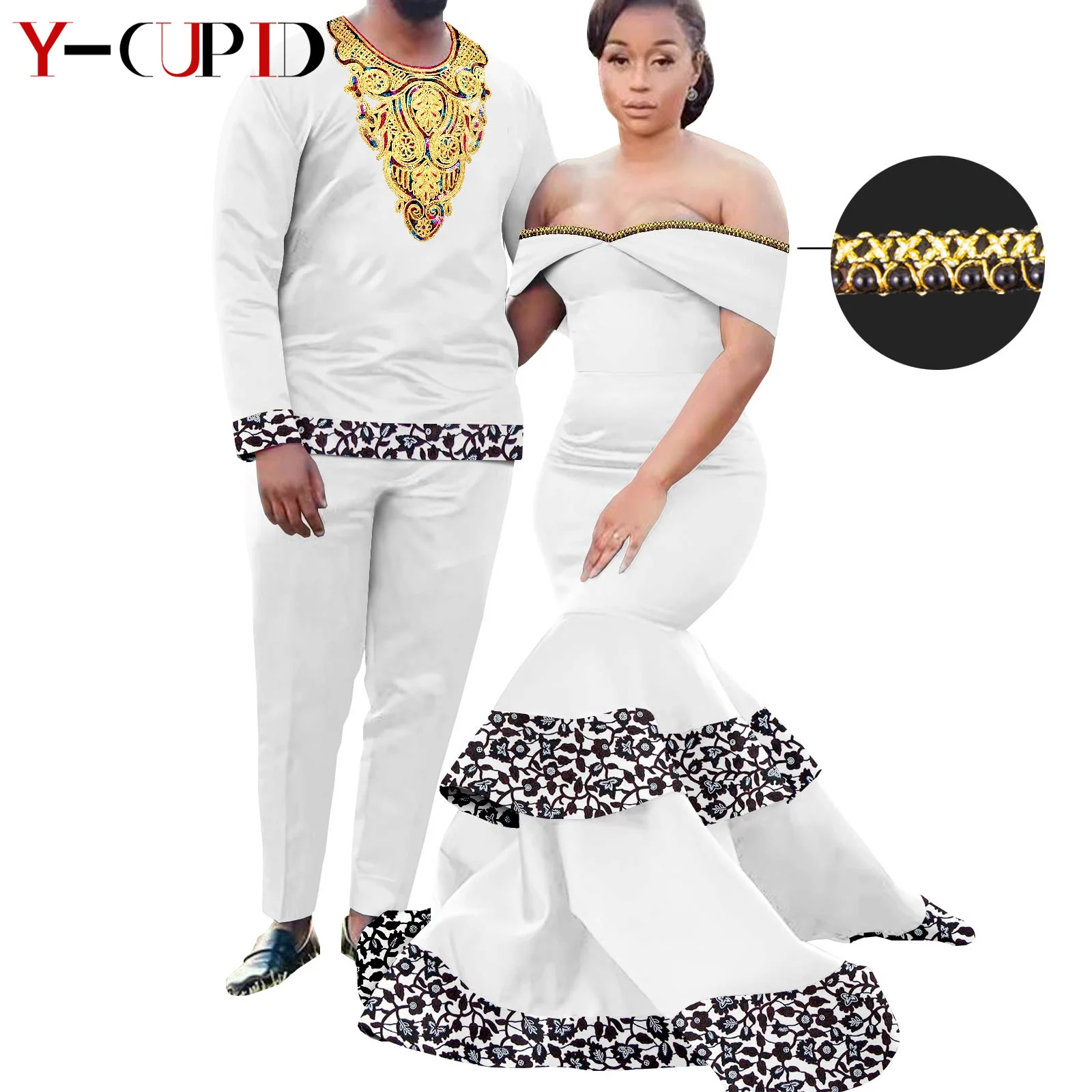 African Long Dresses for Women Matching Men Outfits Top and Pants Sets Kaftan Bazin Riche Couple Clothes Party Vestidos Y22C012