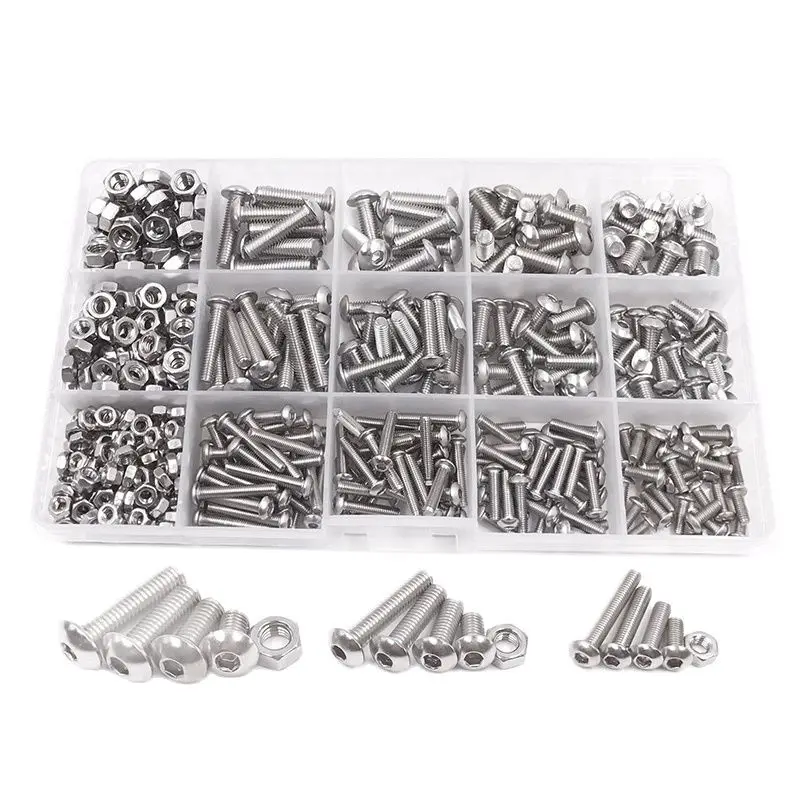 

120-434Pcs 304 Stainless Steel Hex Button Socket Head Cap Screw Hexagon Thread Machine Metric Nut Bolt Assortment Kit Set M2~M6