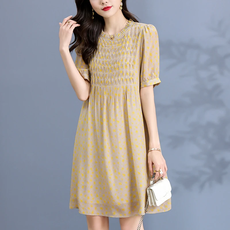 

Женское винтажное платье с коротким рукавом, элегантное ТРАПЕЦИЕВИДНОЕ ПЛАТЬЕ ИЗ 2023 натурального шелка с высокой талией, лето 100%