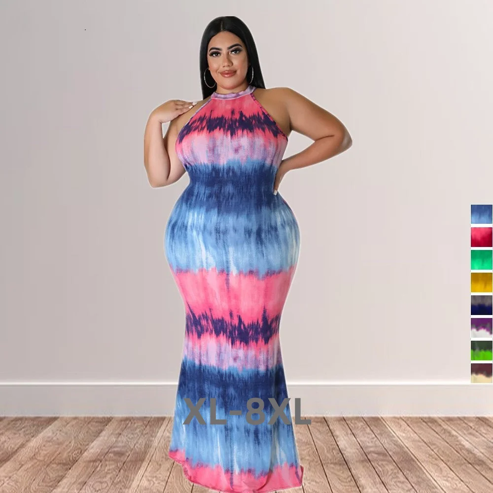 Plus Size Summer Clothes Fashion Tye Died Sleeveless Maxi Long Dress Hip Wrap Sexy Dresses Women Wholesale Dr 3xl 4 xl 5xl 6xl