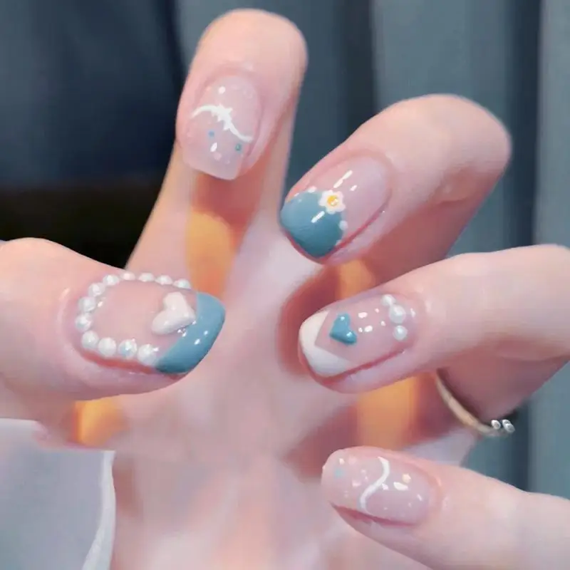 

Fake Nails Love Pearl Manicure Blue Fake Nails Nail Stickers Nail Patch Finished Nail Beauty Short 2-Minute Manicure