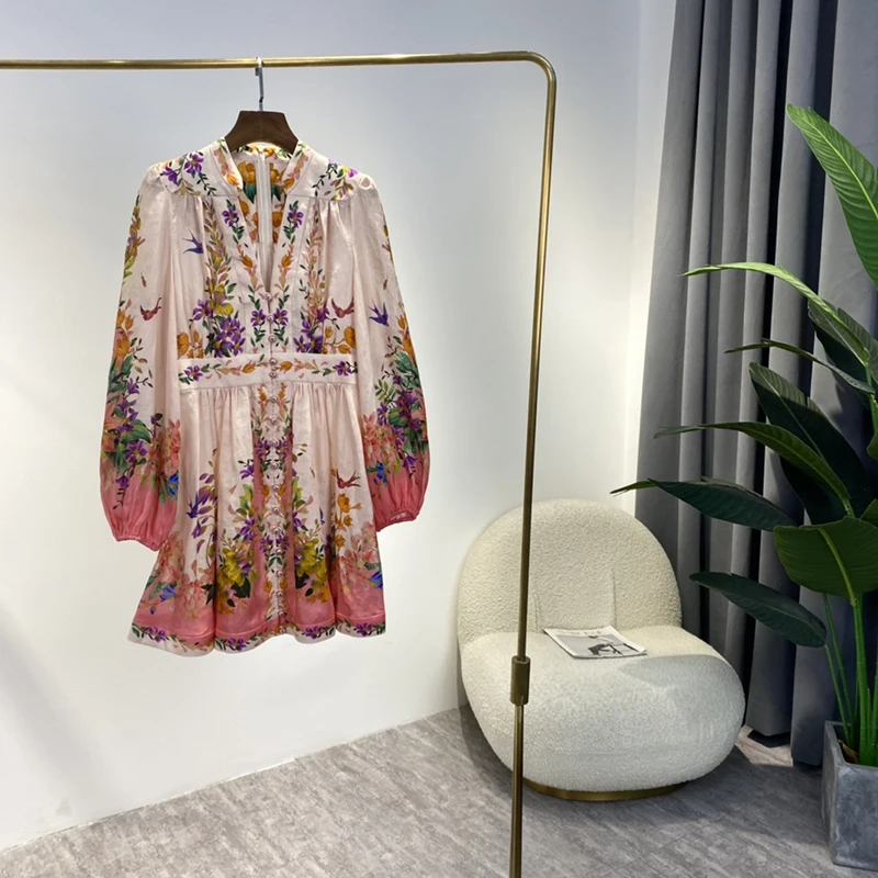 

Женское ТРАПЕЦИЕВИДНОЕ мини-платье, весеннее розовое платье с цветочным принтом и длинными рукавами-фонариками, 2022