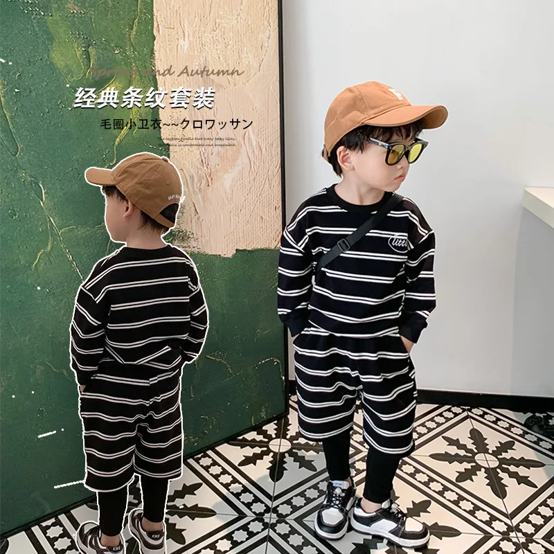 

Детский свитер в полоску, сезон весна-осень 2022, костюм из двух предметов с брюками, одежда для мальчиков с длинным рукавом, футболка, детская ...