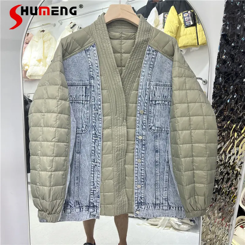 

New Down Jacket Women's Long Sleeve All-matching Clothing Mid-Length V-neck Denim Stitching Loose Duck Down Winter Coat