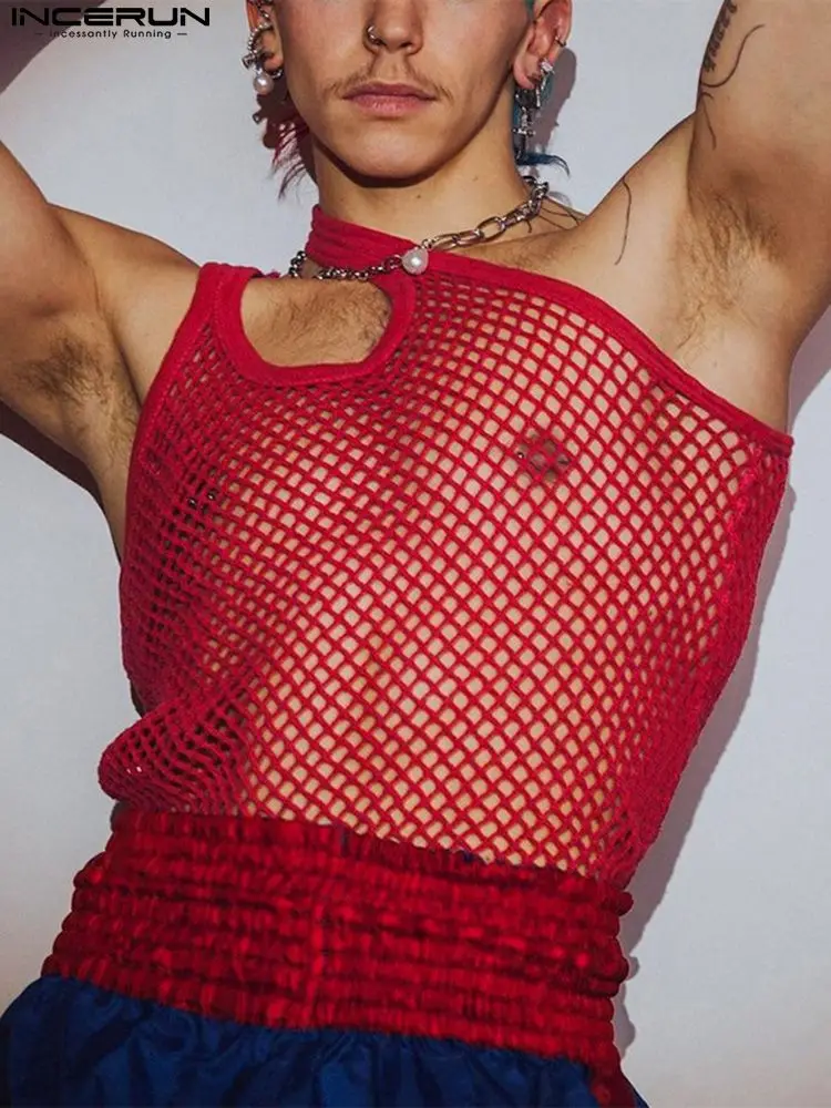 

INCERUN Tops 2022 Sexy Party Nightclub Vests Men's Hollow Single Cuff Vests Fashion Casual Male Breathable Mesh Tank Tops S-5XL