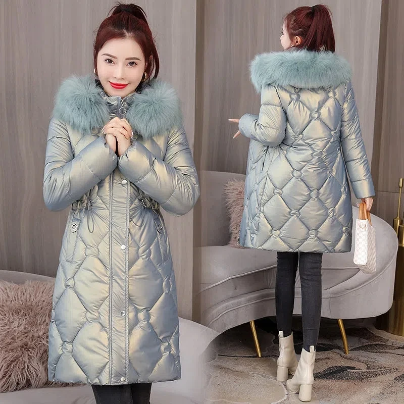 Parkas Women 2022 Winter New Large Size Hooded Fur Collar Long Padded Coat Female Casual Fashion Shiny Wash Free Cotton Jacket