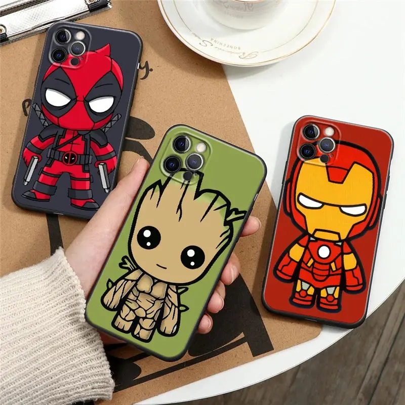 Marvel Iron Man Groot Black Silicone Case for IPhone 12 11 13 14 Pro Max XS XR X 8 7 Plus SE Soft Cover Spiderman Avengers Funda