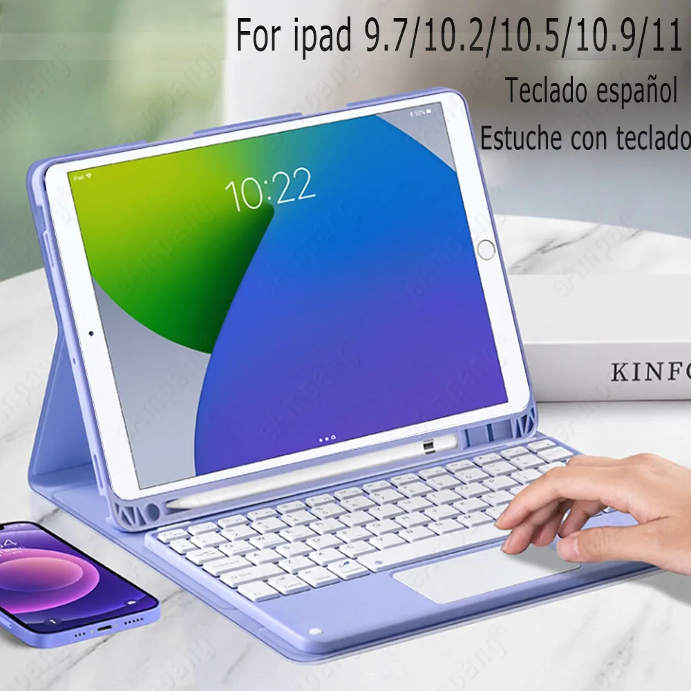 

Чехол с испанской клавиатурой для iPad 10,2, 9 поколения, 8, 7 Air, 4, 9,7, 5, 6, Pro 11, 12,9, 10,5, Air 2, 3, чехол со слотом для ручки