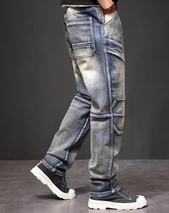 Men Jeans Patch Multi-Pocket Jeans Loose Baggy Denim Pants Hip Hop Joggers Harem Man Cargo Trousers Size 29-44
