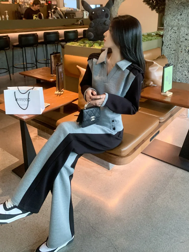 Internet Celebri Sports and Leisure Set Women's Autumn Clothing 2024 New Fashion Western Sle Fried Street Age-Reducing V-...