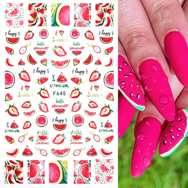 3D наклейки для ногтей летние в виде фруктов арбуза клубники самоклеящиеся