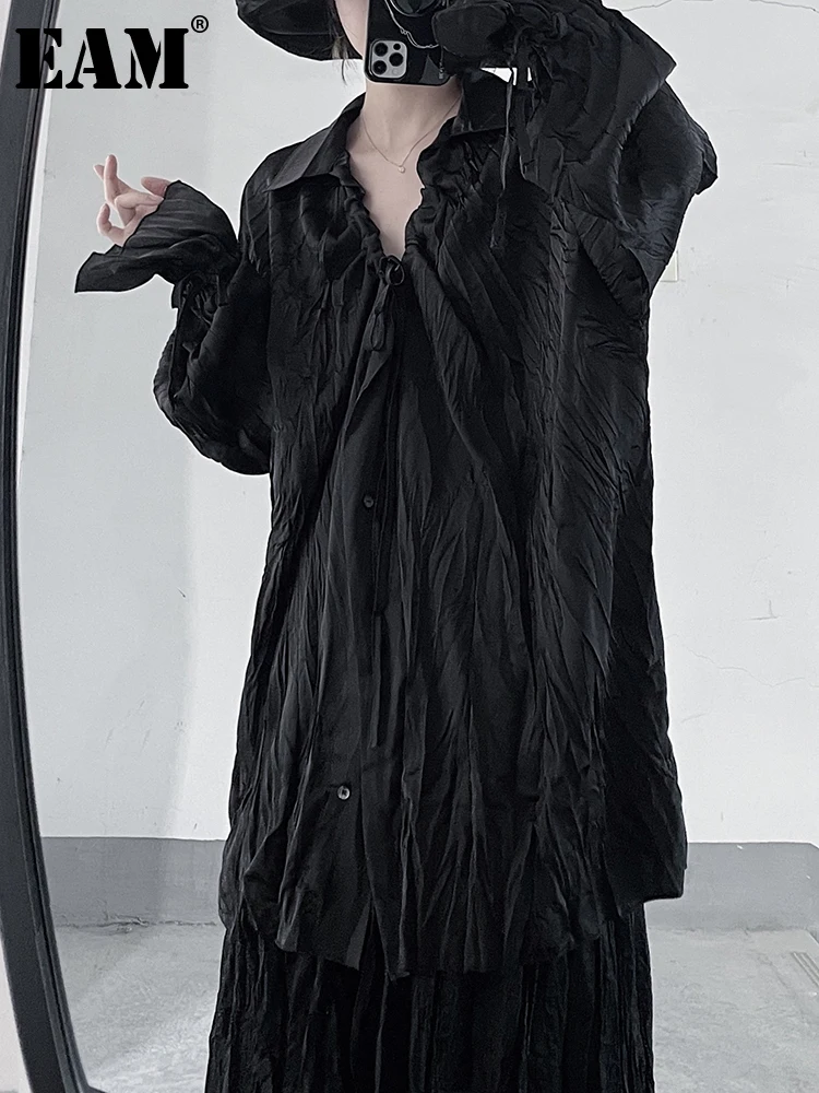 

[EAM] Women Black Wrinkled Big Size Long Blouse New V-neck Long Sleeve Loose Fit Shirt Fashion Tide Spring Autumn 2023 1DF5889
